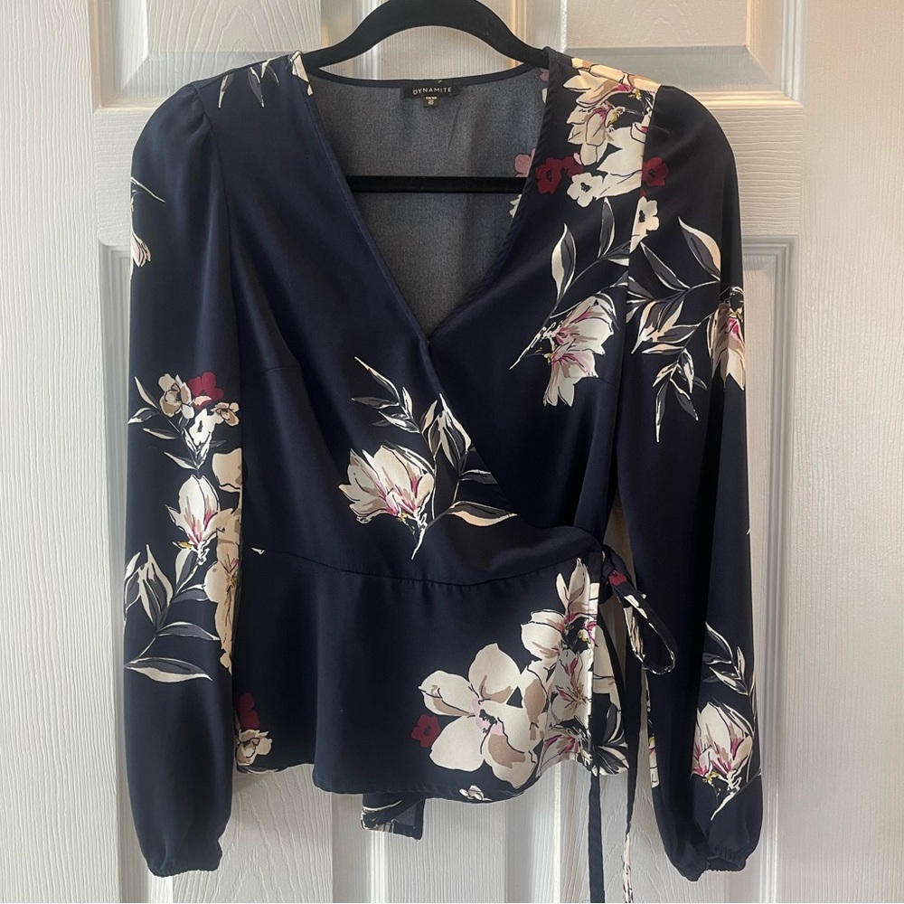Dynamite Navy Floral Wrap Blouse